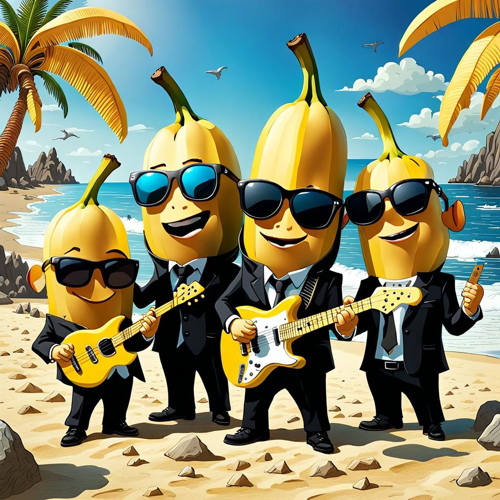 Banana Rock Band on the Beach: Whimsical Cartoon