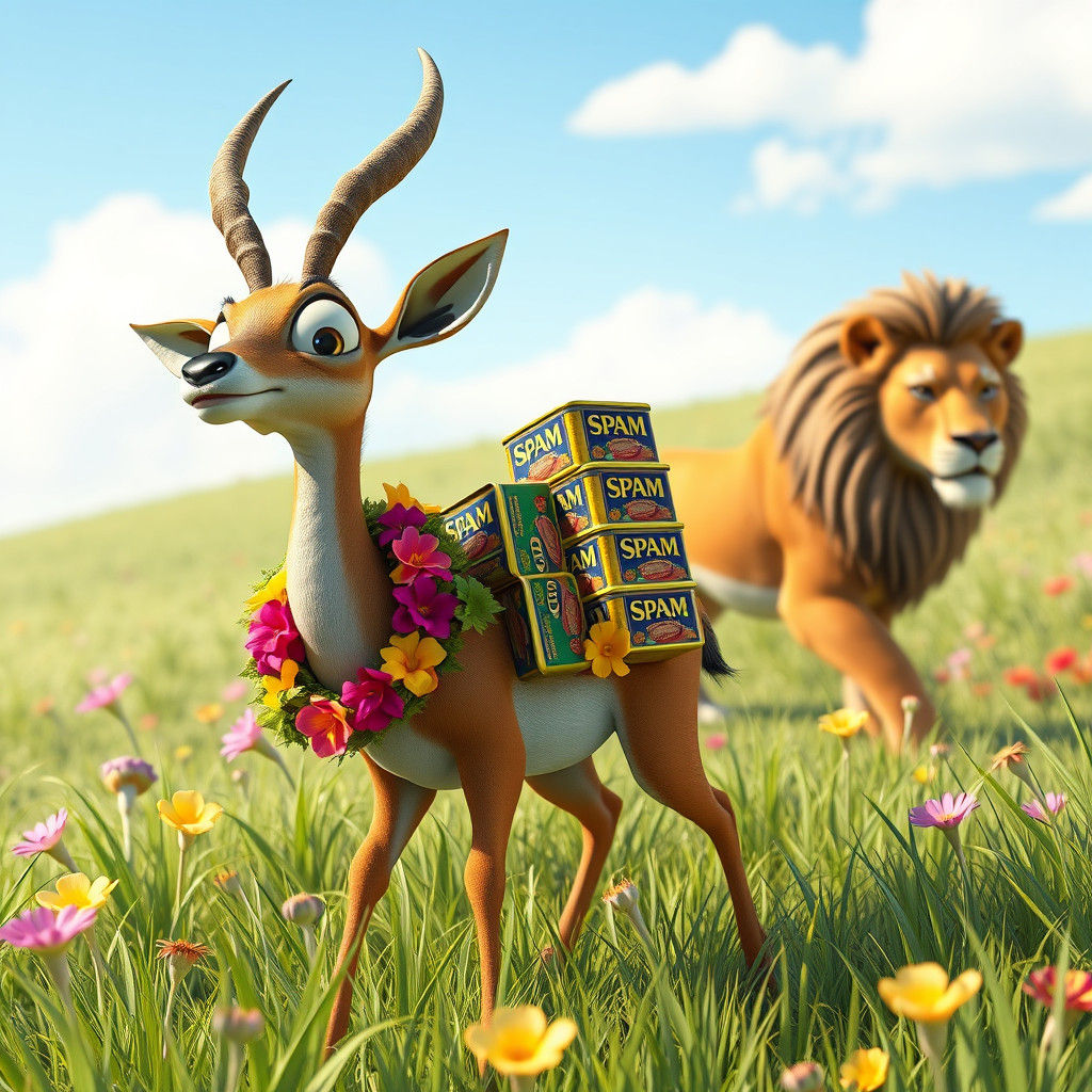 Antelope and Lion in Whimsical 3D Cartoon