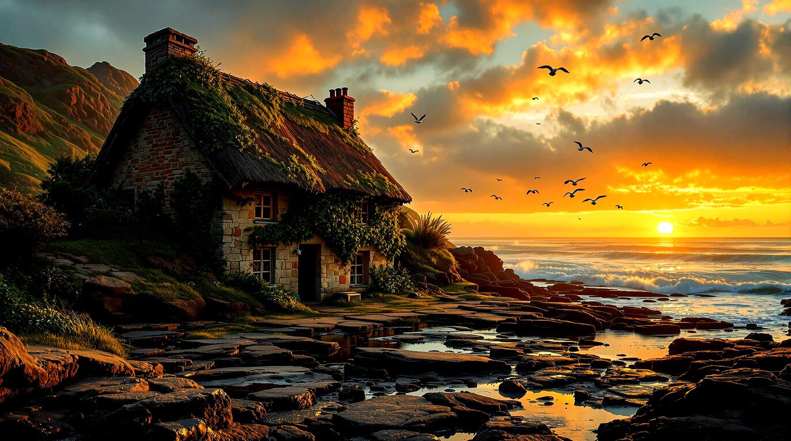 Dilapidated Cottage at Sunset: Photorealistic Wildlife Photo...