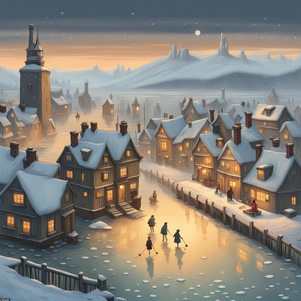 Ultra-detailed, inspired by Studio Ghibli and Caspar David Friedrich. A submerged village, peeking through the clear icy...