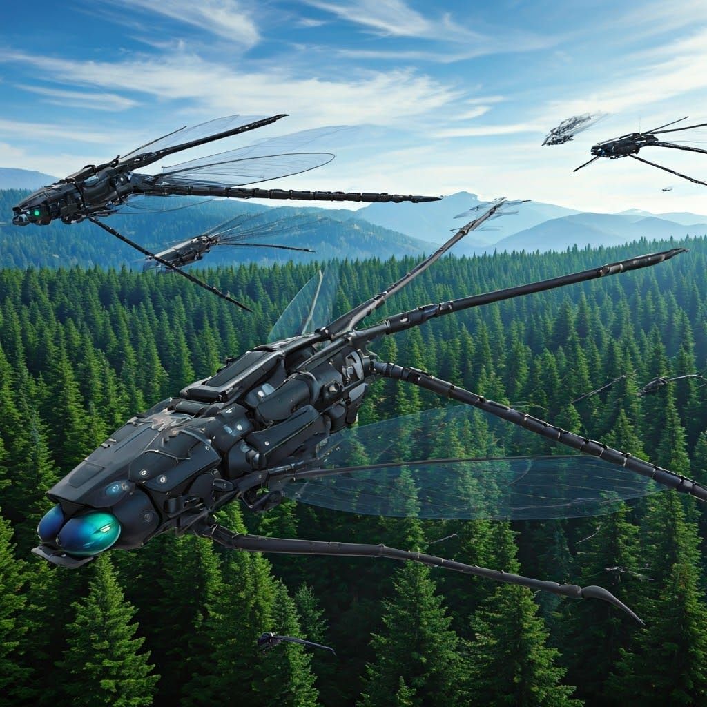 Solar-Powered Mechanical Dragonflies Over Forest