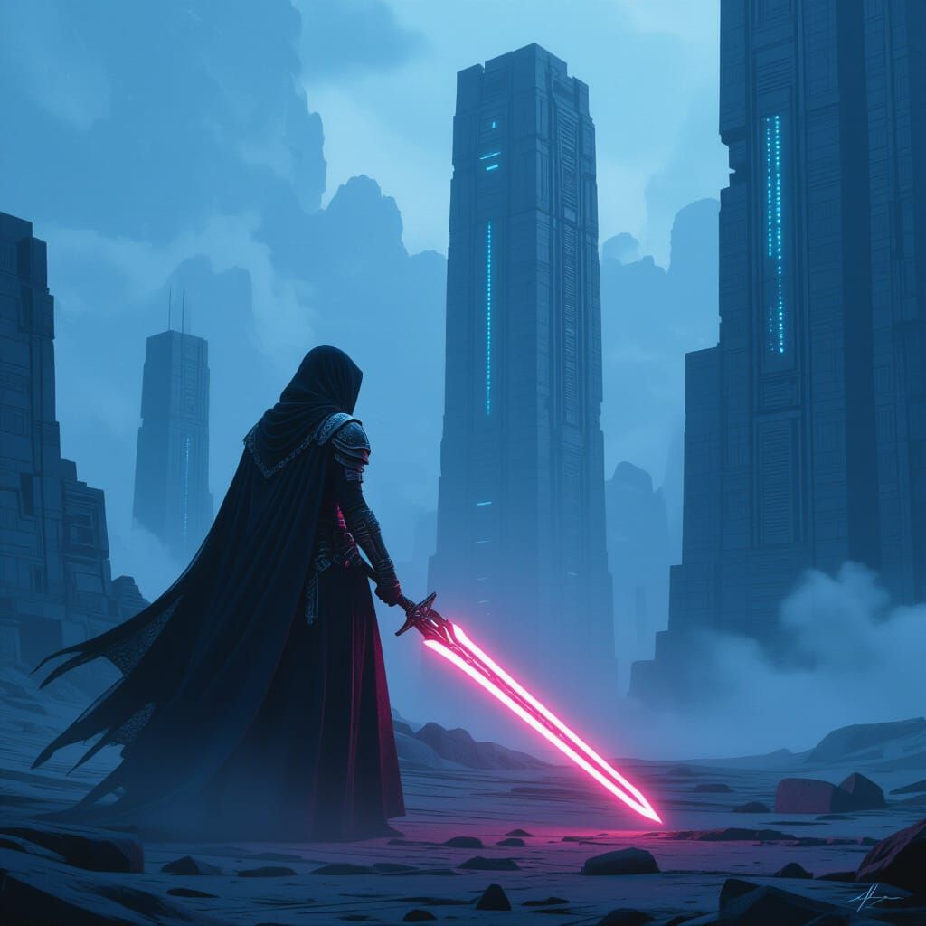 Veiled Harbinger on Alien Planet with Energy Sword