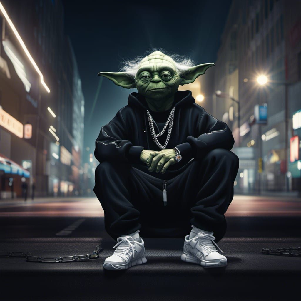 Hyperrealistic Rapper Yoda in Night Street Scene
