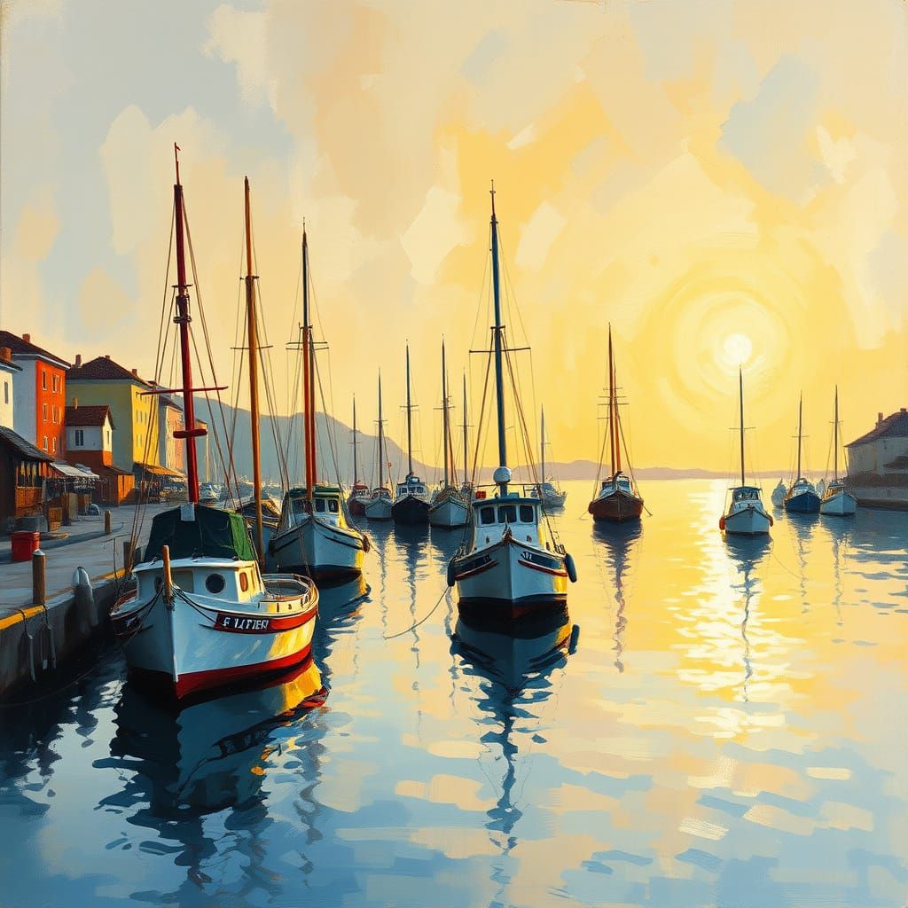 Tranquil Harbor Sunrise with Fishing Boats in Impressionist ...