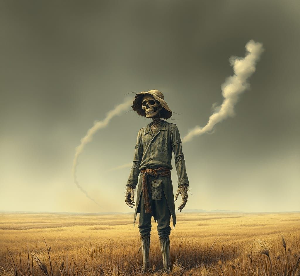 Desolate Scarecrow in Field: A Surrealist Vision