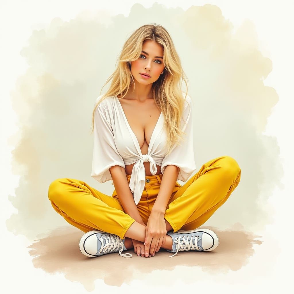 Blonde Woman in Watercolor, Beatrix Potter Style