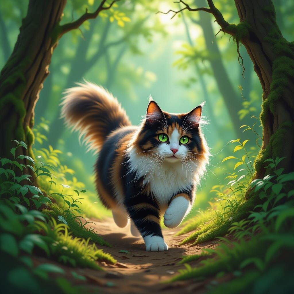 Calico Cat Running in Enchanted Forest - Painterly Style