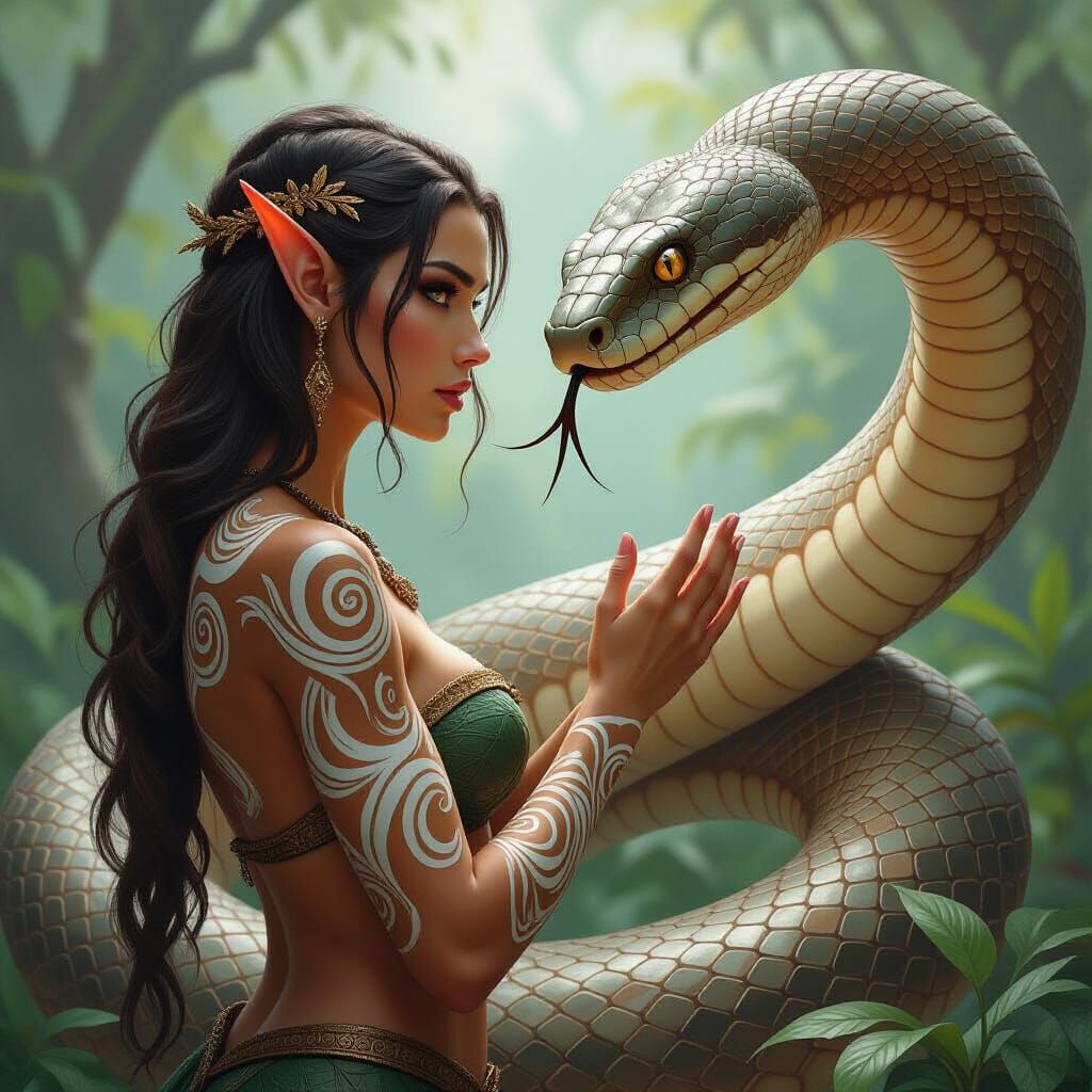 Elf Confronts Giant Snake: Fantasy Oil Painting