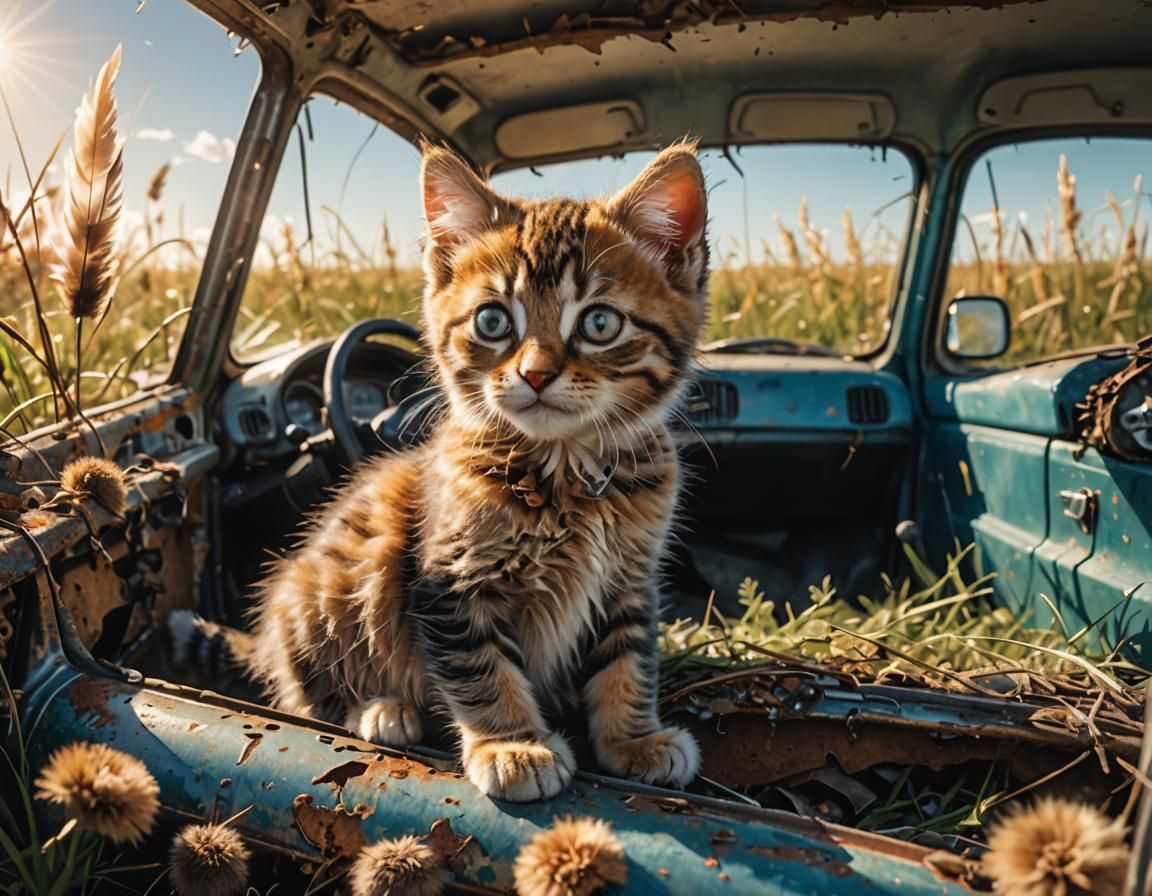 Cute Kitten in Wrecked Car: Photorealistic Illustration