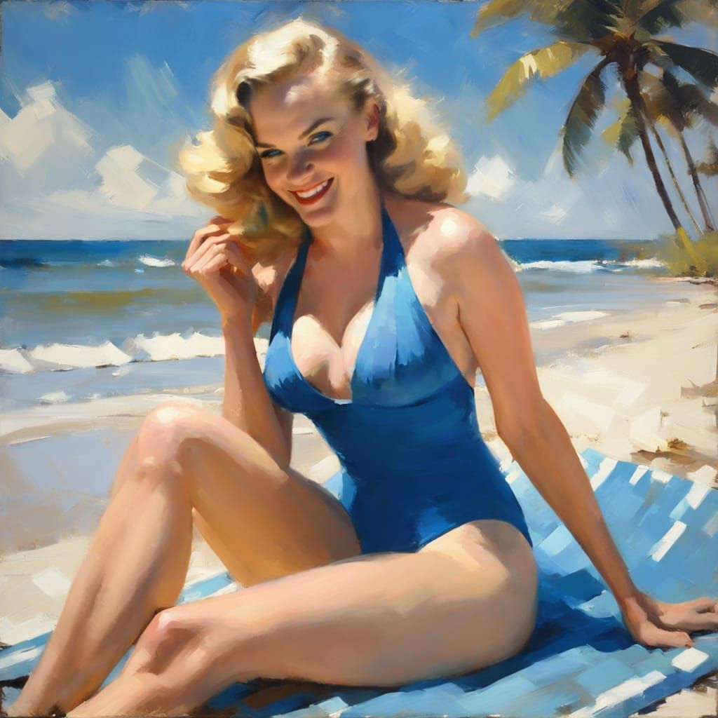 Retro Beauty in Blue: An Impressionistic Beach Scene