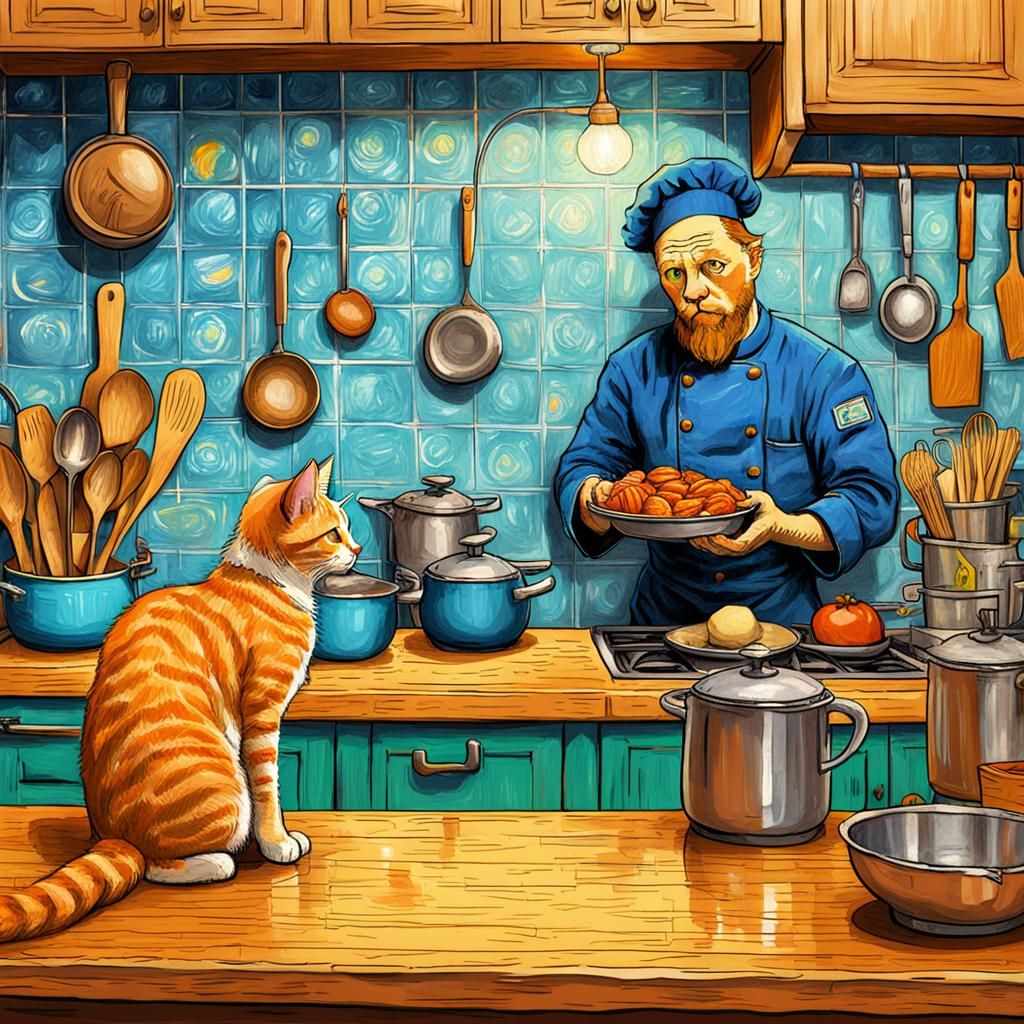 Cat Watching Chef: Baroque Art in Van Gogh Style