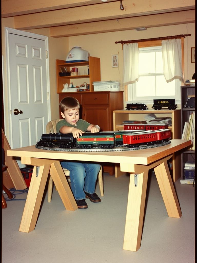 Nostalgic Boy Assembles Lionel Train Set in Basement