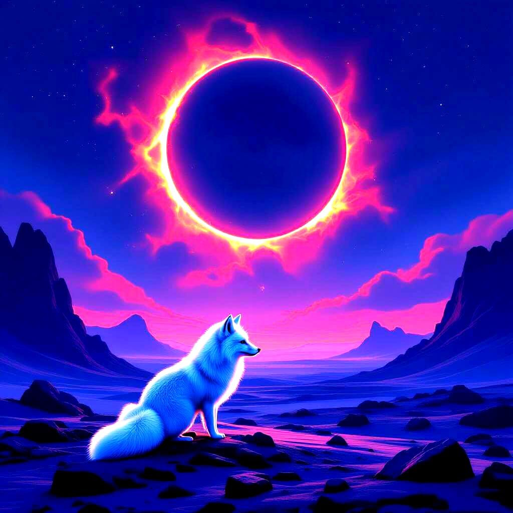 Shimmering Fox Under Lunar Eclipse on Alien World