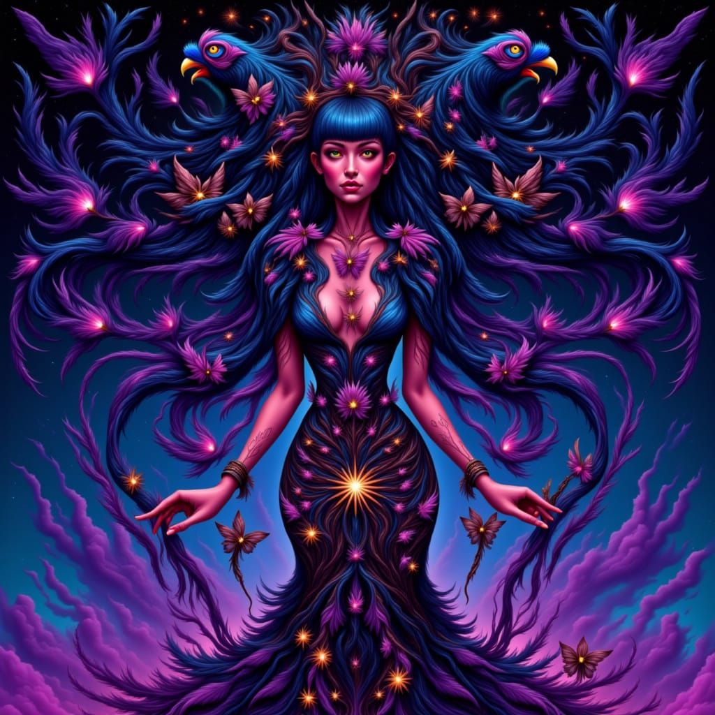 Celestial Woman with Rose in Futuristic Style