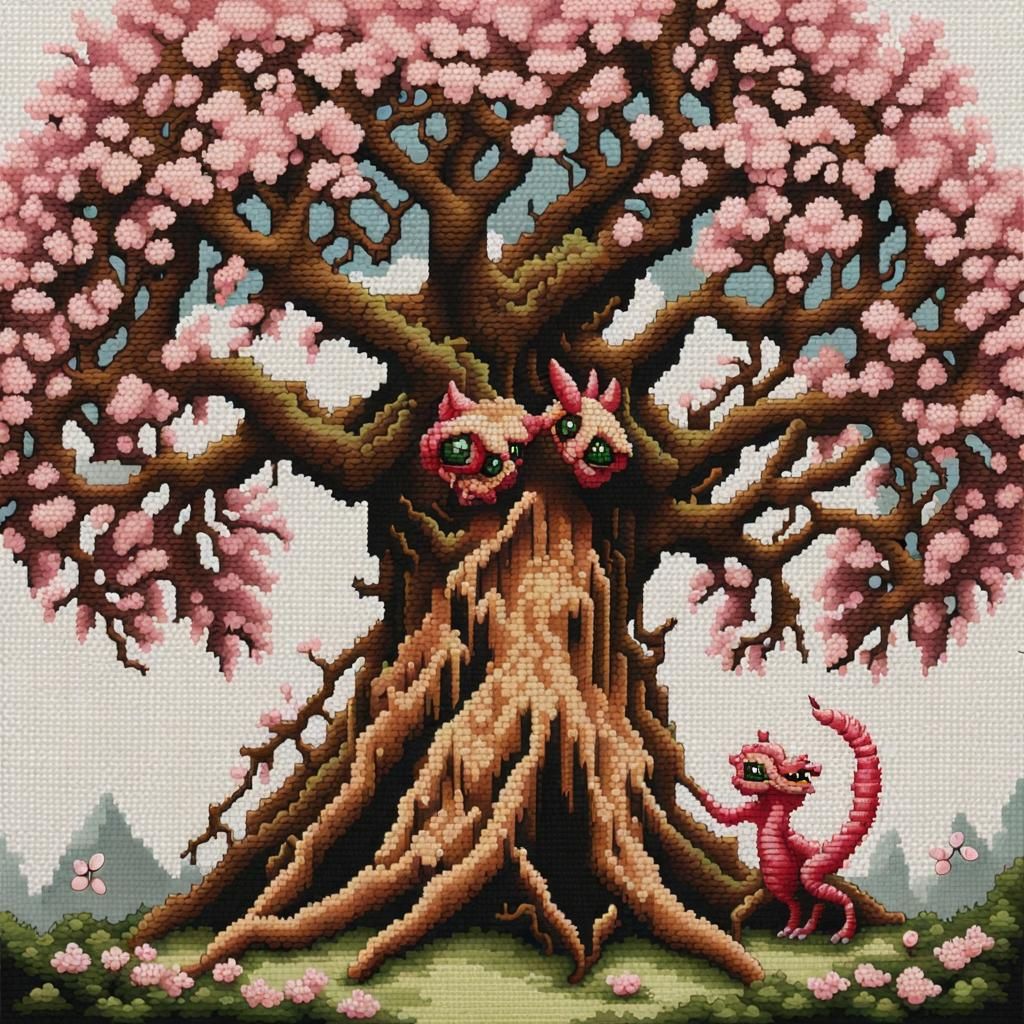 Anthropomorphic Oak and Cherry Blossom Treant in Cross-Stitc...