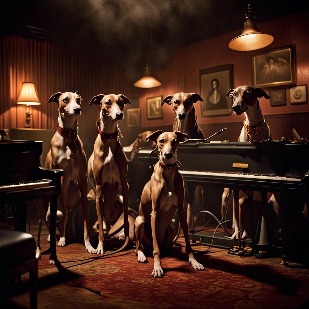 A band of greyhounds playing jazz in a dark smoky club, Cine...