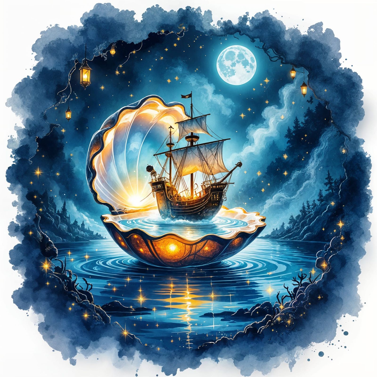 Fantasy Ship Rising from Glass Clamshell