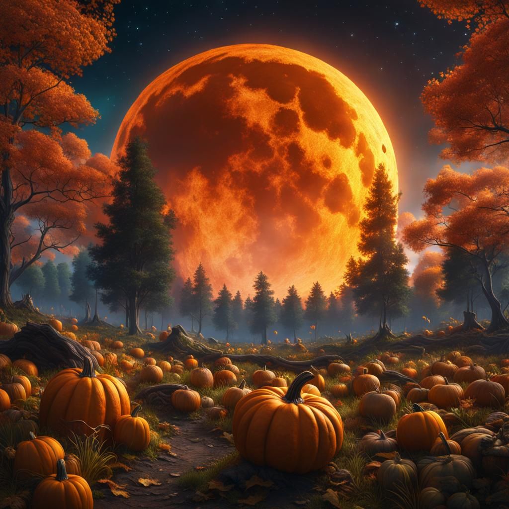 Pumpkin Moon Over Forest: Fantasy Concept Art