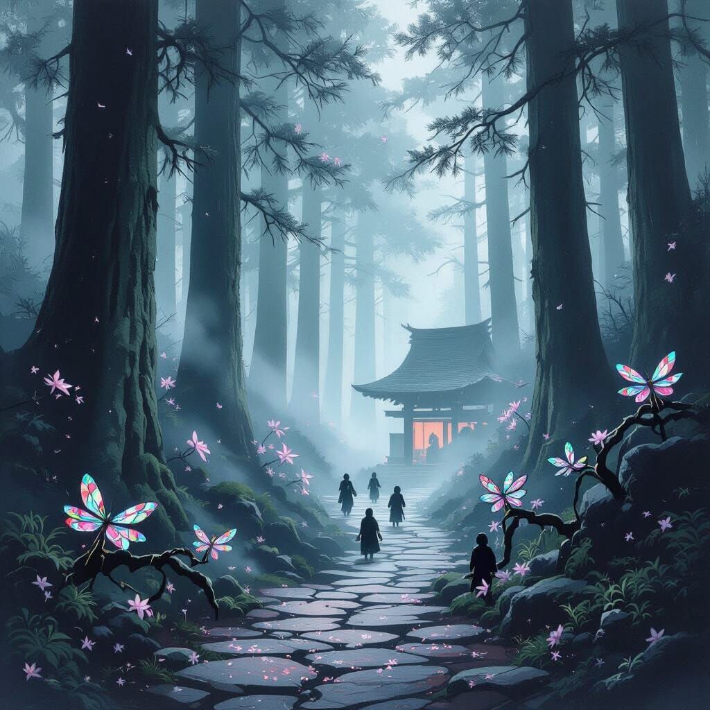 Mystical Japanese Forest with Hidden Shrine and Neon Accents