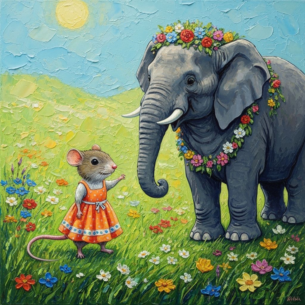 Mouse and Elephant in Floral Field, Impasto Style