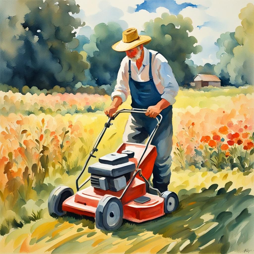 Gouache Painting of Farmer with Lawnmower