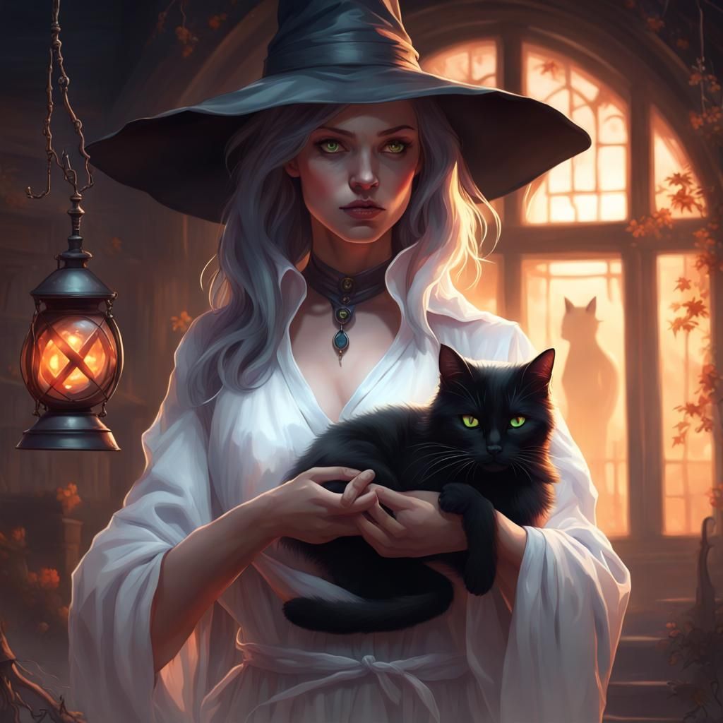 White-Clothed Witch Performing Spell with Black Cat