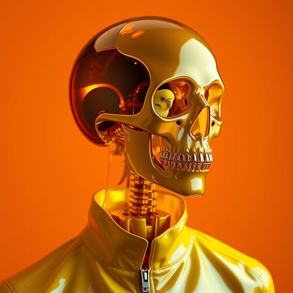 Android in Amber Glass with Yellow Budgie