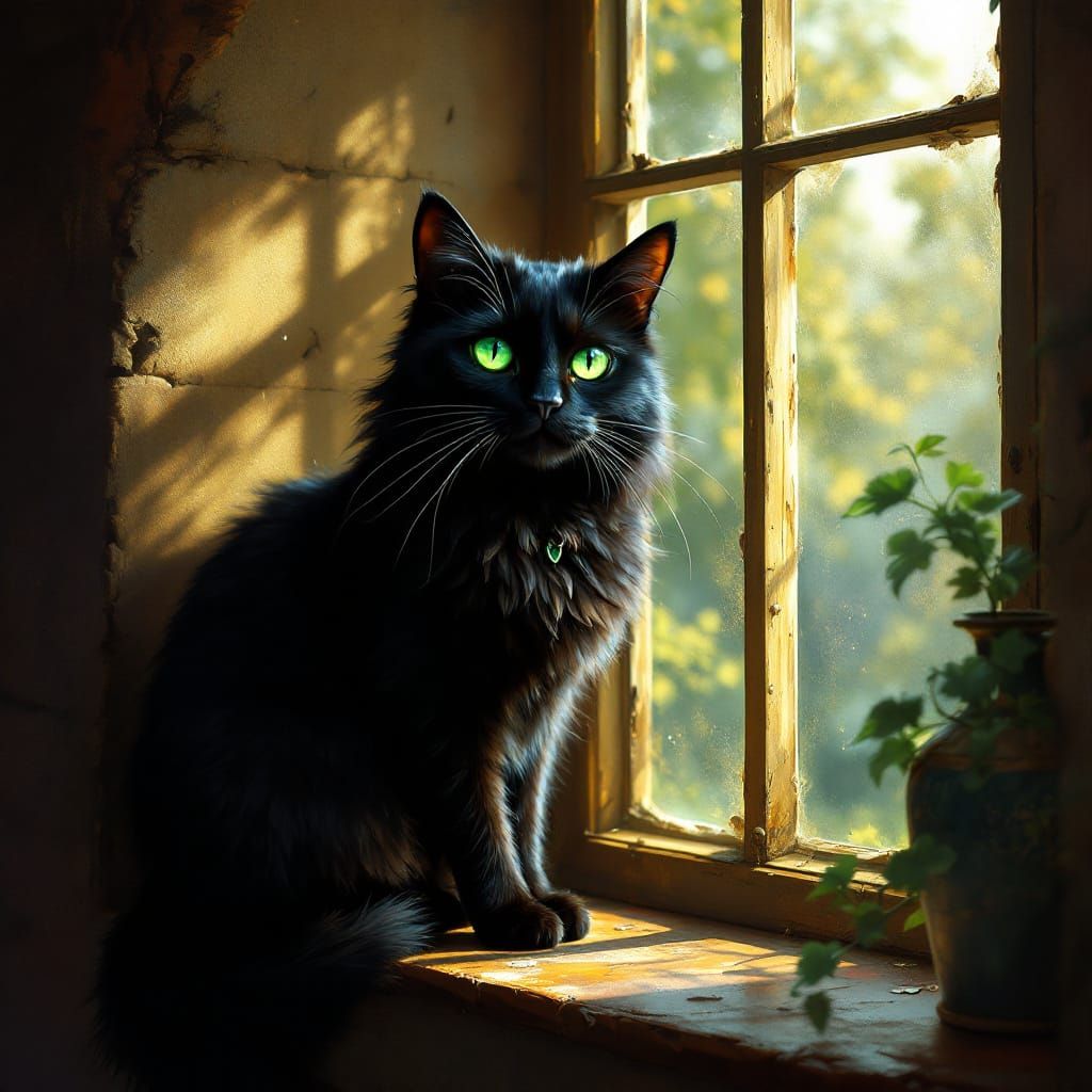 Majestic Black Cat with Emerald Eyes in Cozy Old House