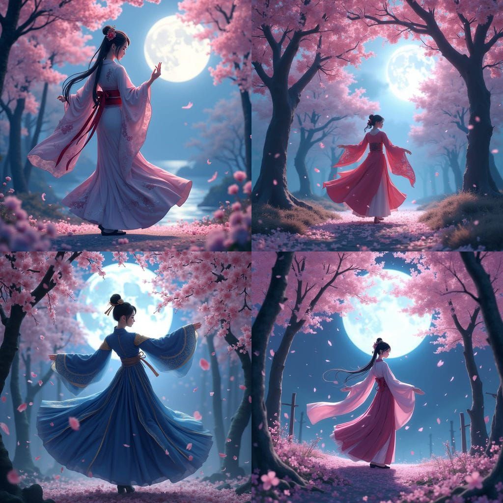Princess Dancing in Sakura Forest Under Full Moon