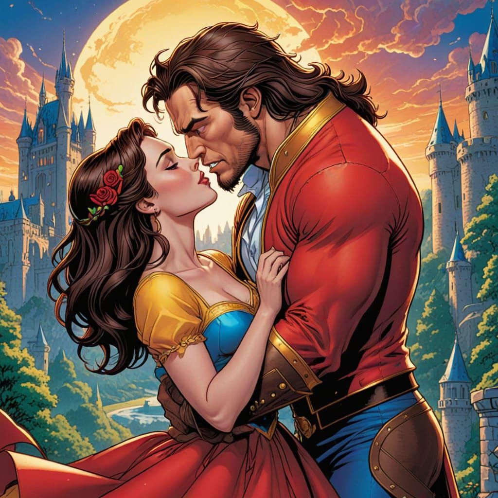 Comic Book Style Love Scene of Beauty Kissing The Beast