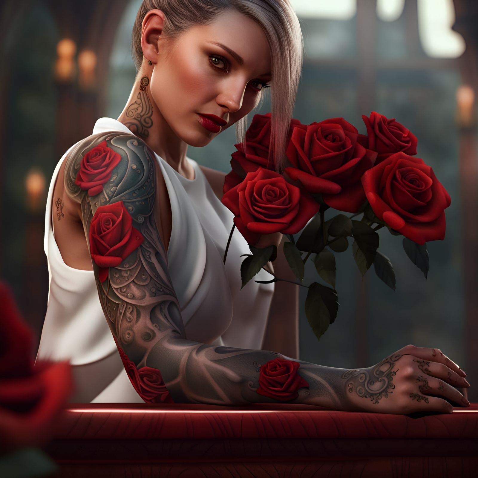 Woman's Red Rose Tattoo in Detailed Matte Painting
