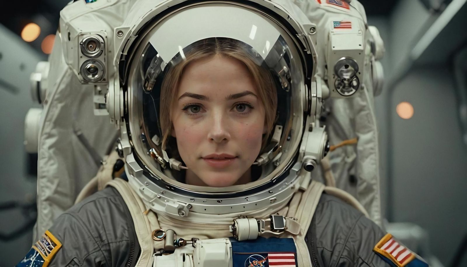 040 A beautiful female astronaut wearing a white spacesuit.