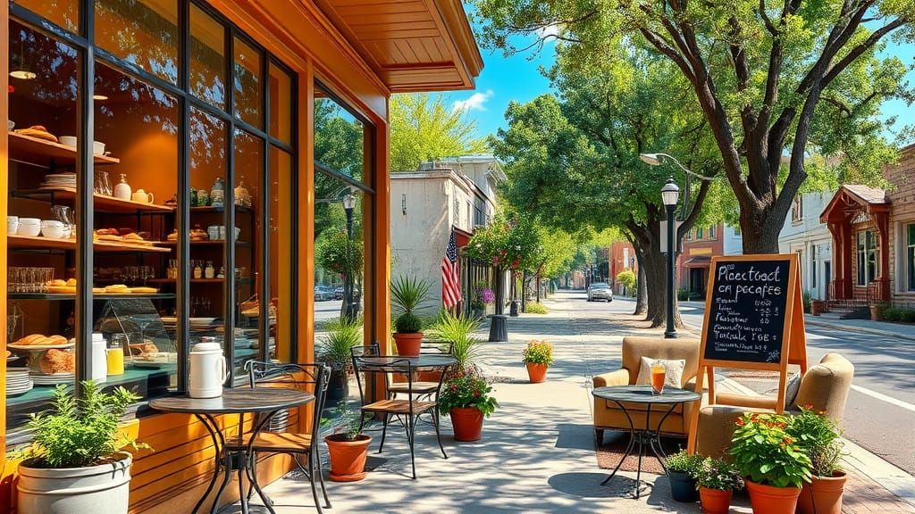 Cozy Cafe Scene with Rustic Charm and Whimsical Touches