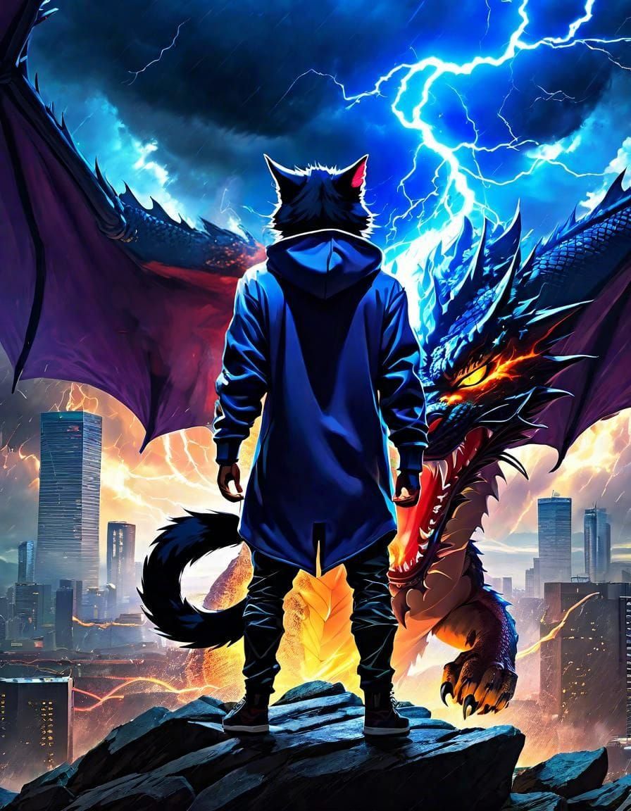 Anime Cat Confronts Dragon in Apocalyptic Storm