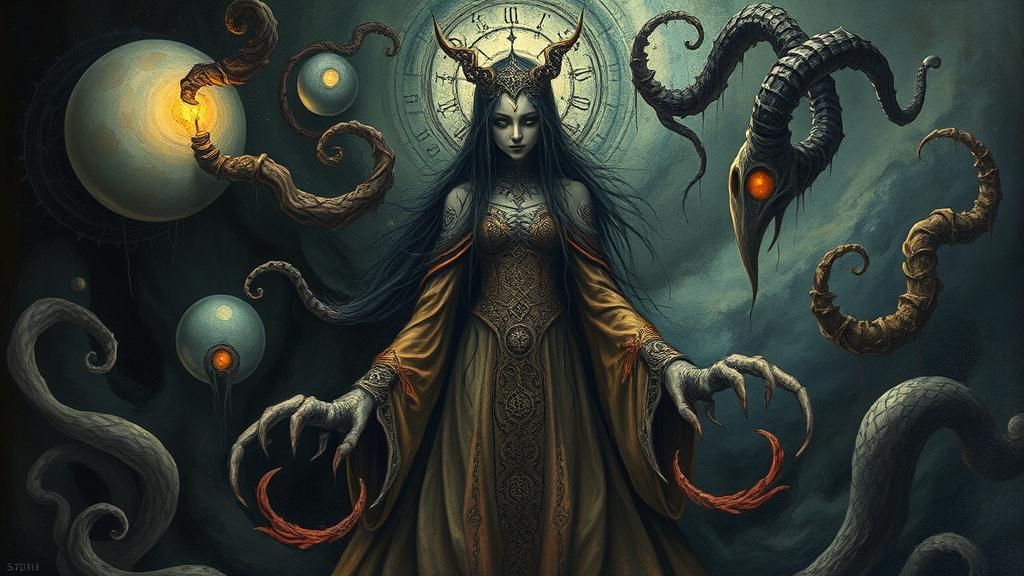 Mystical Seeress in Surreal Biomorphic Landscape