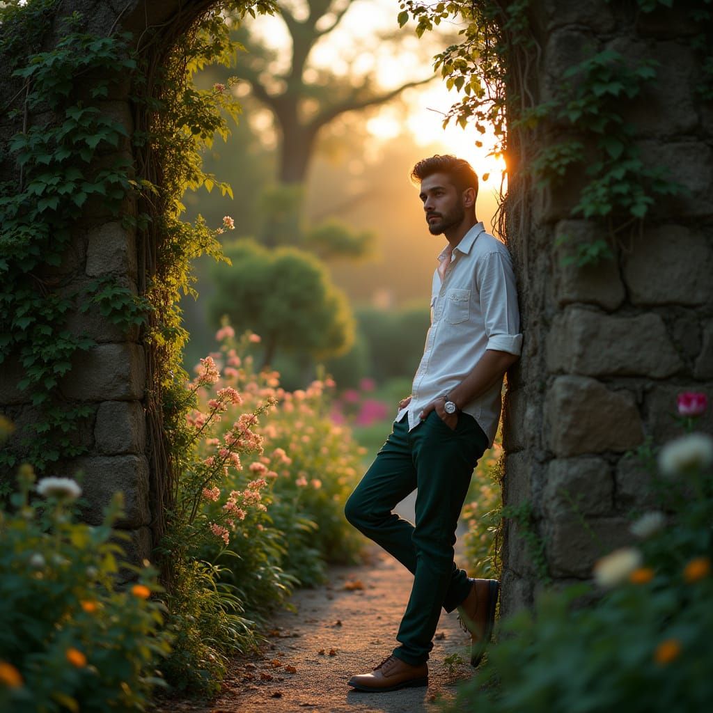 Gentleman Contemplating English Garden Twilight