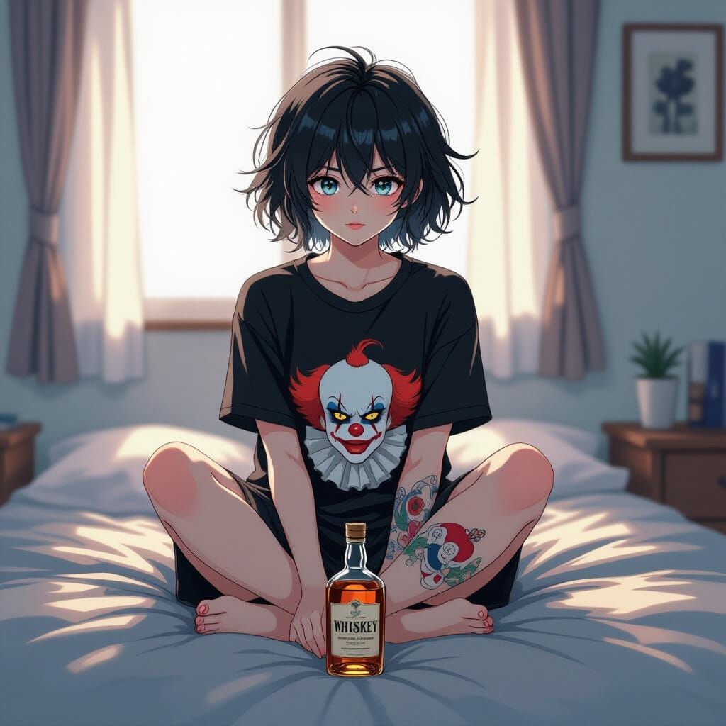 Emo Woman with Tattoo and Clown Shirt in Morning Light