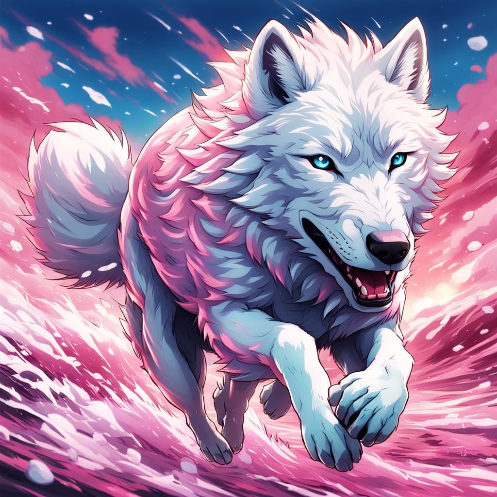 Arctic Wolf Runs from Tsunami in Anime Style