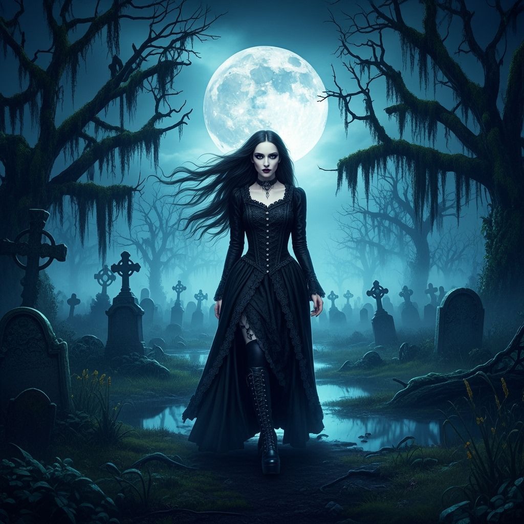 Ethereal Goth Woman in Misty Graveyard