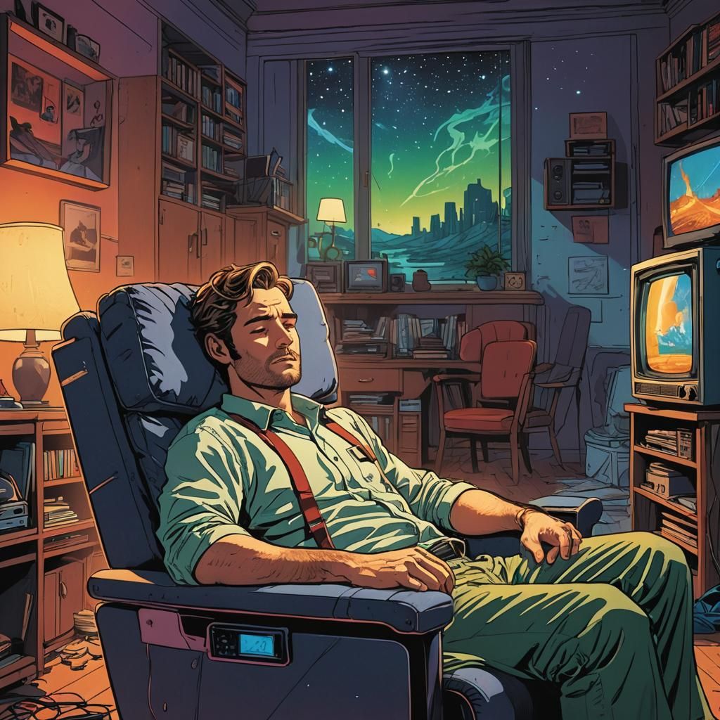 Man Sleeping in Chair, Comic Book Style