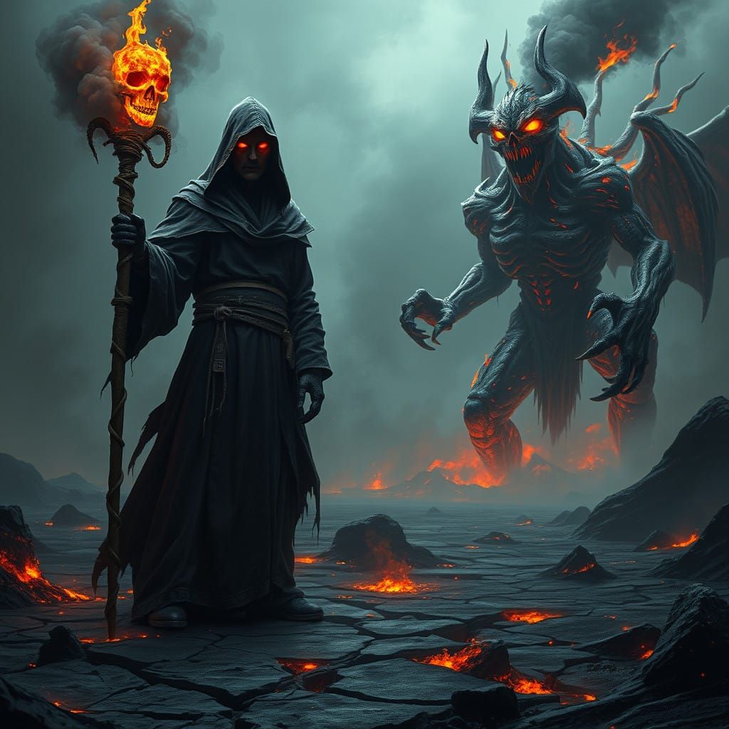 Dark Warlock in Hellish Wasteland, Fiery Runes and Demonic E...