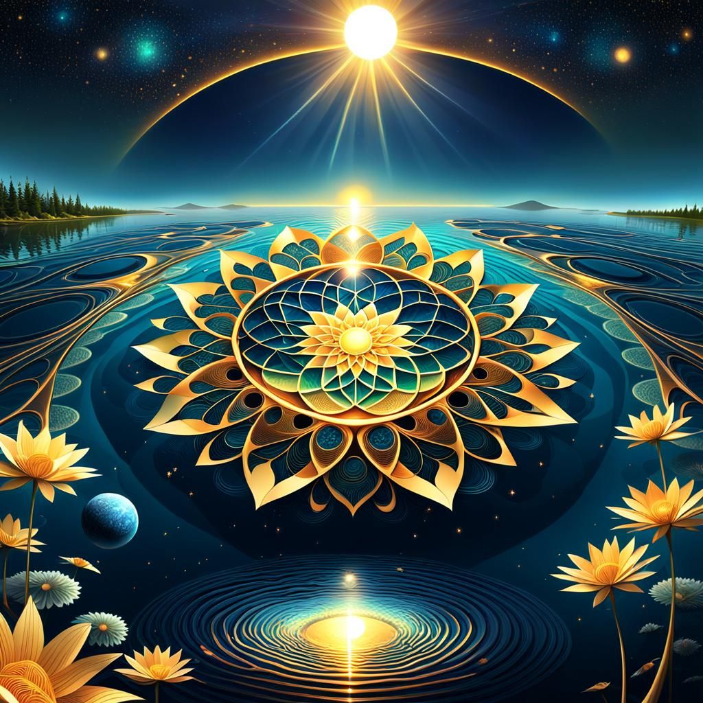 Flower of Life on Lake with Sun, Moon, and Planet