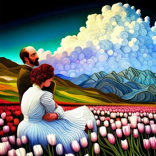 Father and Daughter Admire Tulips: Baroque Fractal Art