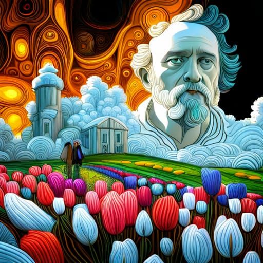 Father and Daughter Admire Tulips: Baroque Fractal Art