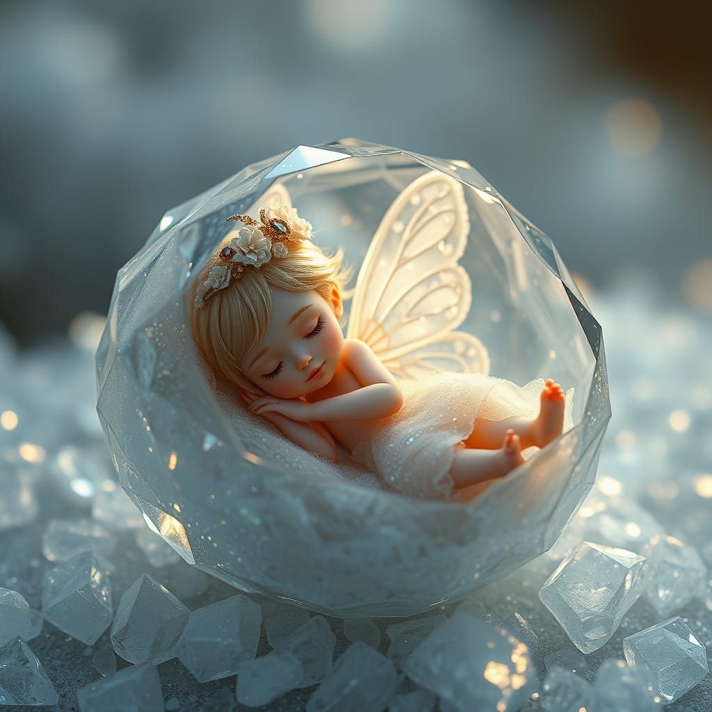 Serene Fairy Awakens from Crystal Cocoon in Dreamlike Landsc...