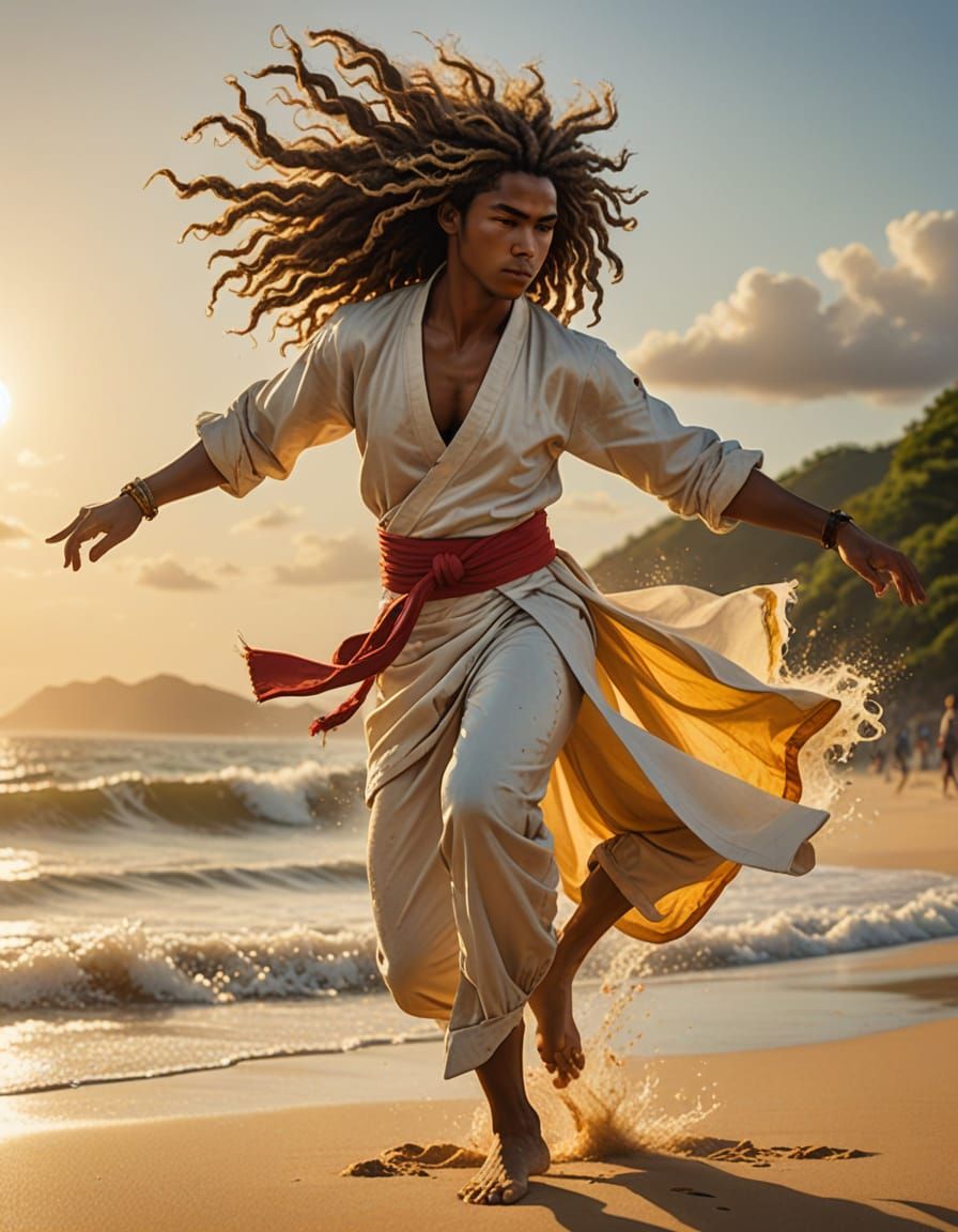 Capoeira Dancer in Dynamic Pose on Beach