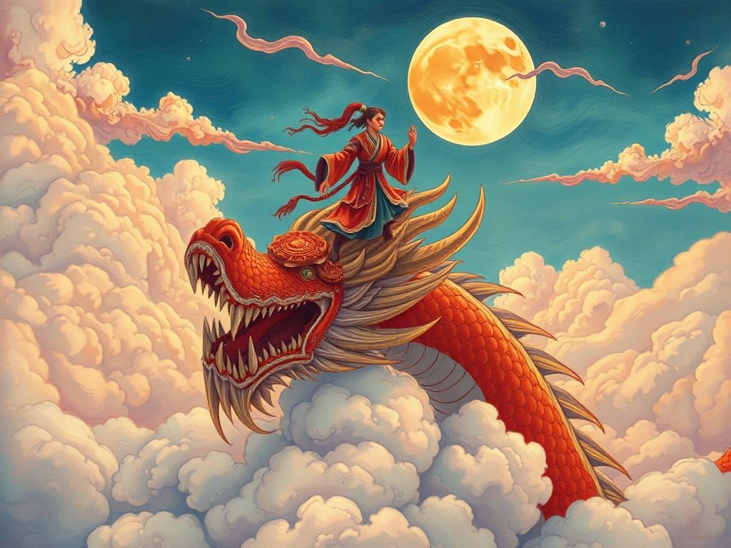 Dragon Rider Soars Above Whimsical Clouds in Vibrant, Fantas...