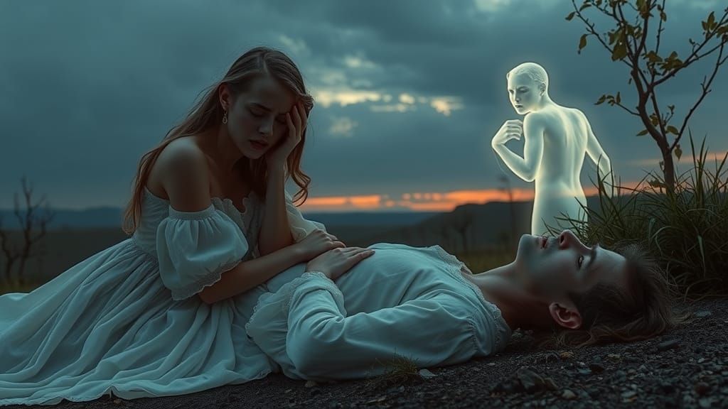 Sorrowful Woman Mourns Loss in Twilight Landscape