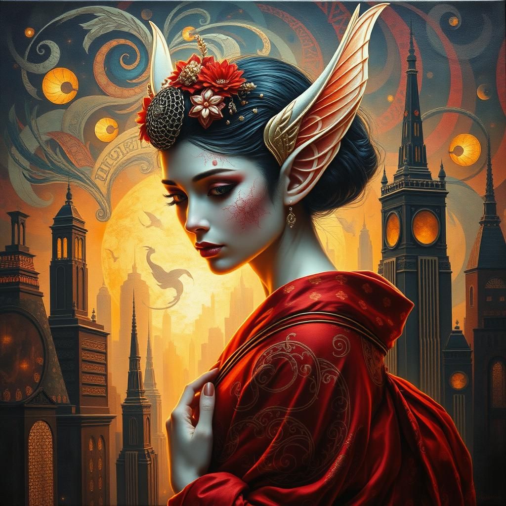 Geisha Fairy Elf in Dystopian Cityscape