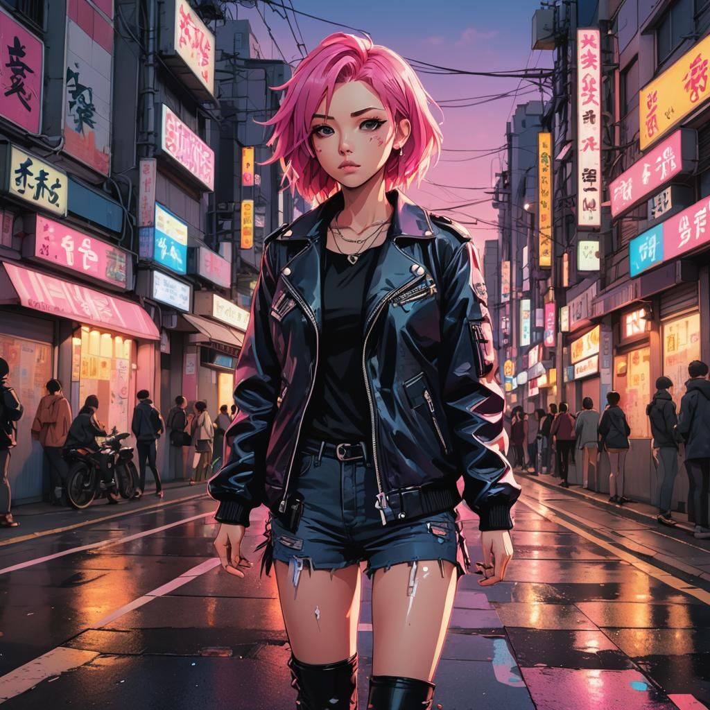 Anime Punk Girl in Tokyo Street at Sunset